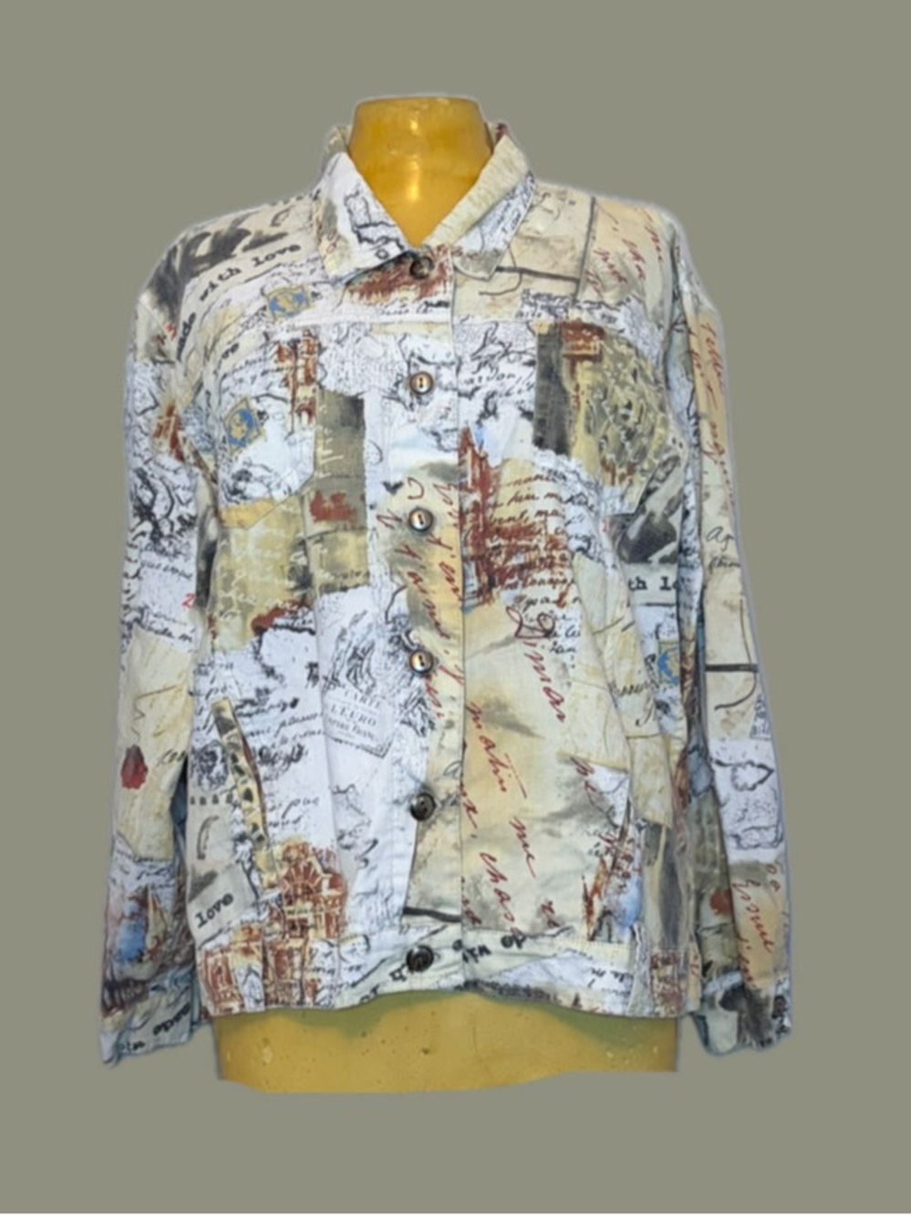 📑📔Vintage Y2K Postcard Script Print Linen Blend Jacket📔📑
